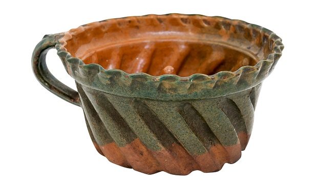 French 19th Century Green and Brown Glazed Pottery Cake Mold with Grooves