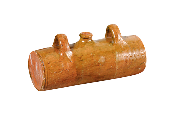 French Glazed Pottery Bouillotte Hot Water Bottle with Two Handles from Normandy