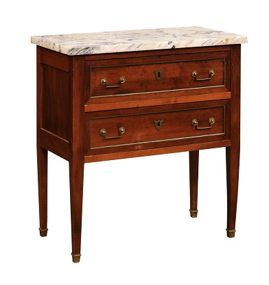 French Louis XVI Style Walnut Commode with Variegated Marble Top and Two Drawers