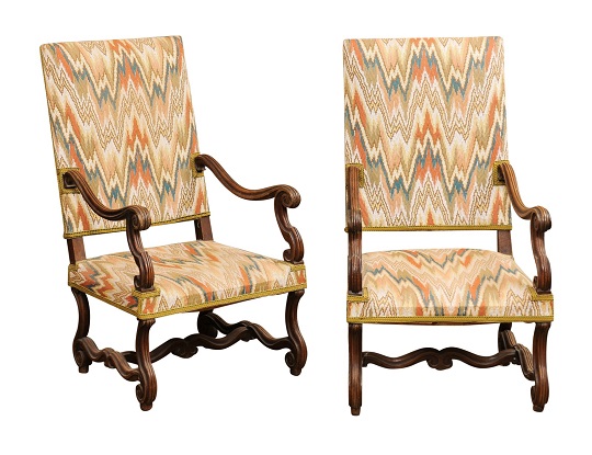 Pair of French Louis XIV Style Walnut Armchairs with Os de Mouton Bases