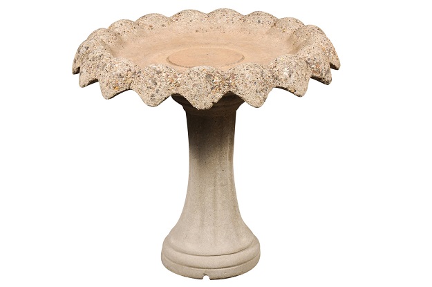 English Turn of the Century 1900s Composite Stone Bird Bath with Scalloped Top 