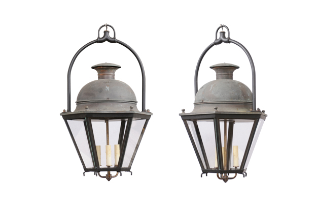 French Hexagonal Three-Light Copper Lanterns with Domed Tops, Two Sold Each