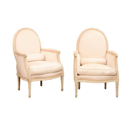 Pair of French Louis XVI Style Painted Bergères Chairs with Oval Shaped Backs