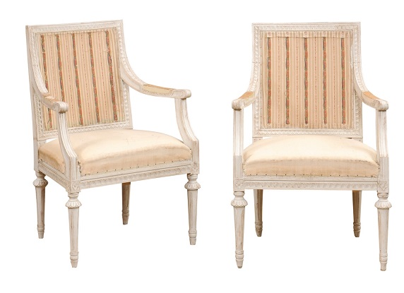 Swedish Gustavian Style 1900 Painted Wood Armchairs with Carved Aprons