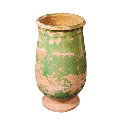 French Provincial 1880s Green Glazed Oblong Terracotta Jar with Weathered Patina