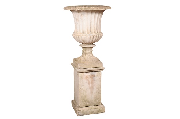 SOLD - Pair of Turn of the Century Italian Campania Urn with Gadroon Motifs on Tall Pedestal
