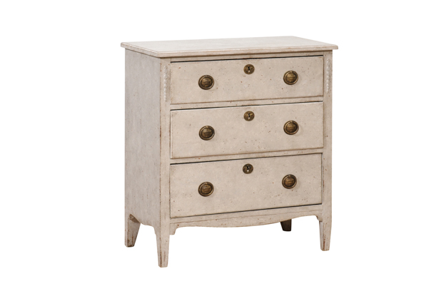 Gustavian Style Swedish Light Grey Painted Three-Drawer Chest with Carved Posts