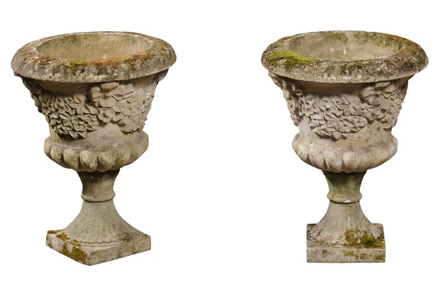 Pair of English Turn of the Century Stone Garden Urns with Carved Floral Décor