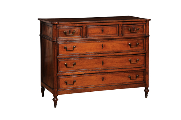 French Louis XVI Period 1790s Walnut Six-Drawer Commode with Fluted Side Posts DLW