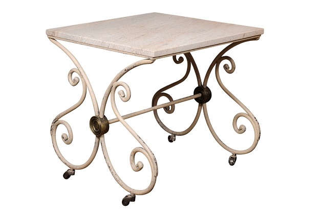 French 1890s Patisserie Table with Painted Iron Scrolling Base and Stone Top