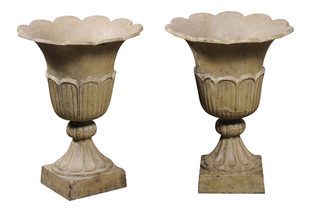 English 1920s Carved Stone Tulip Shaped Garden Urns with Rustic Character