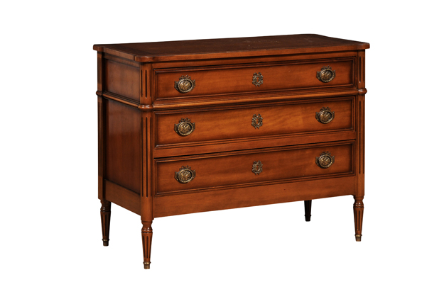 French Louis XVI Style Light Walnut Commode with Three Drawers and Fluted Motifs -- LiL