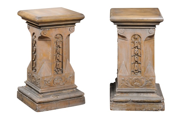 Pair of English Victorian 1870s Terracotta Pedestals with Campanula Motifs 
