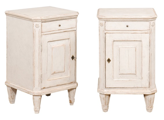 SOLD - Pair of Swedish Gustavian Style 1880s Painted Nightstands with Drawer over Door
