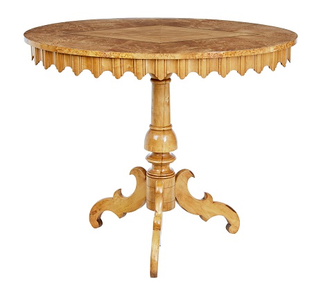 SOLD - Swedish 1860s Birch Inlaid Occasional Pedestal Table with Diamond Motif DLW