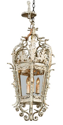 1920s French Rococo Style Painted Metal Three-Light Lantern with Acanthus Leaves