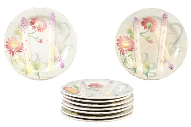 French Majolica Asparagus Dinner Plates with Colorful Flowers, Seven Available