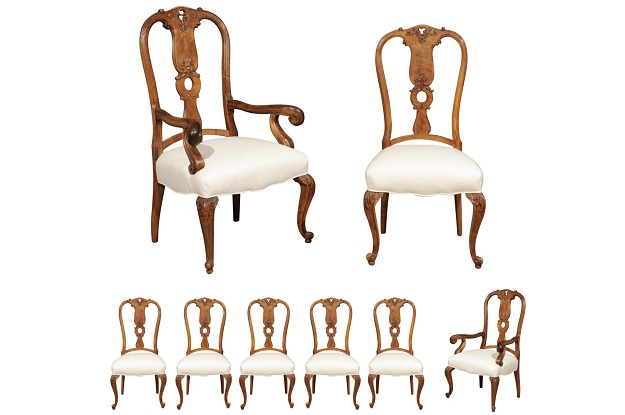 Set of Eight French Rococo Style 19th Century Upholstered Walnut Dining Chairs