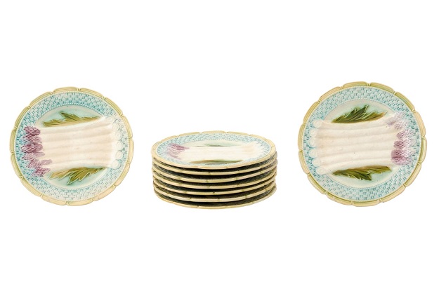 French 1880s Majolica Asparagus Plate with Turquoise Wicker Style Accents