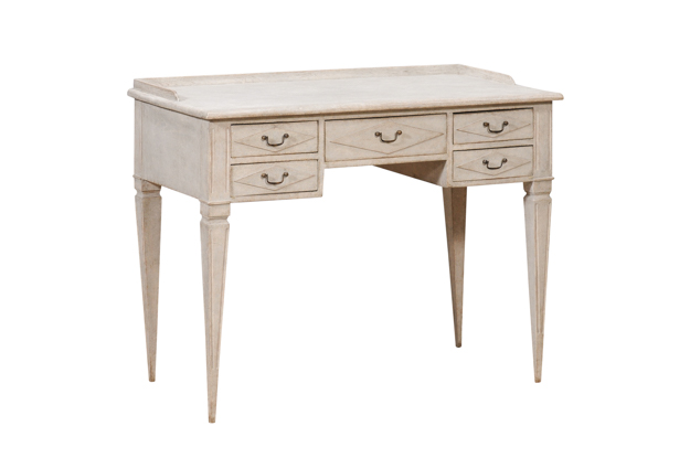 1880s Swedish Gustavian Style Painted Desk with Five Drawers and Tapered Legs DLW