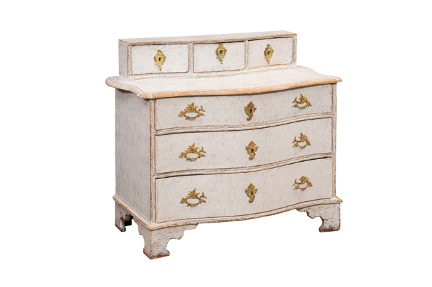 ON HOLD - Swedish 1760s Rococo Gray Painted Commode with Raised Top and Three Drawers