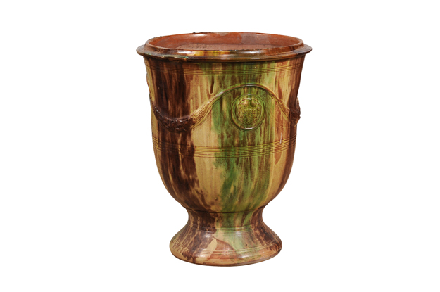 Large French Boisset Anduze Jar with Brown, Green Glaze and Swags, 21st Century  DLW