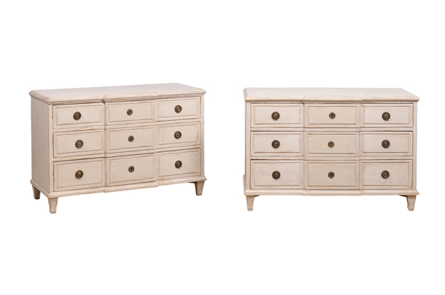 ON HOLD - Gustavian Style Swedish Off White Painted Three-Drawer Breakfront Chests, a Pair DLW