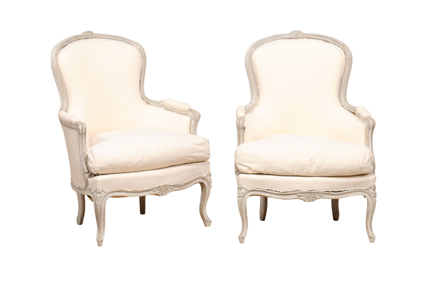 Rococo Style 1890s Swedish Light Grey Painted and Carved Bergères Chairs, a Pair DLW
