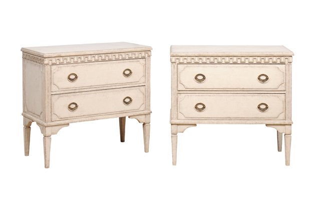 Gustavian Style 19th Century Painted Swedish Chests with Carved Greek Key Frieze DLW