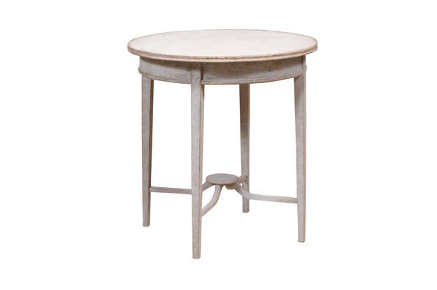 SOLD - Swedish Grey Painted Table with White Top, Tapered Legs and Cross Stretcher