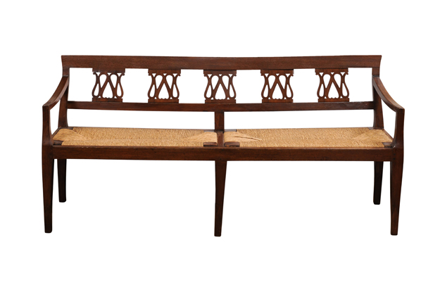 Italian 19th Walnut Bench with Carved Splats, Rush Seat and Tapered Legs
