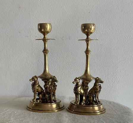 Arriving in Future Shipment - French 19th Century Pair of Bronze Candlesticks Decorated with Dogs