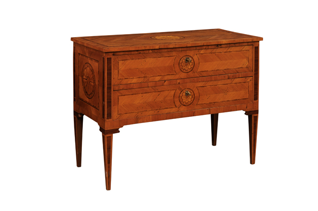 Italian Walnut and Mahogany Two-Drawer Commode with Marquetry, circa 1900