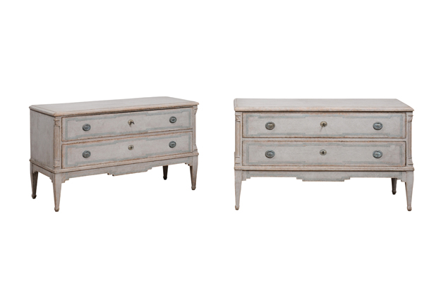 Danish 1820s Light Gray Painted Two-Drawer Chests with Semi-Columns, a Pair DLW