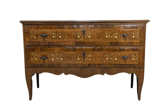 18th Century Italian Walnut, Mahogany and Ash Two-Drawer Commode with Marquetry - LiL