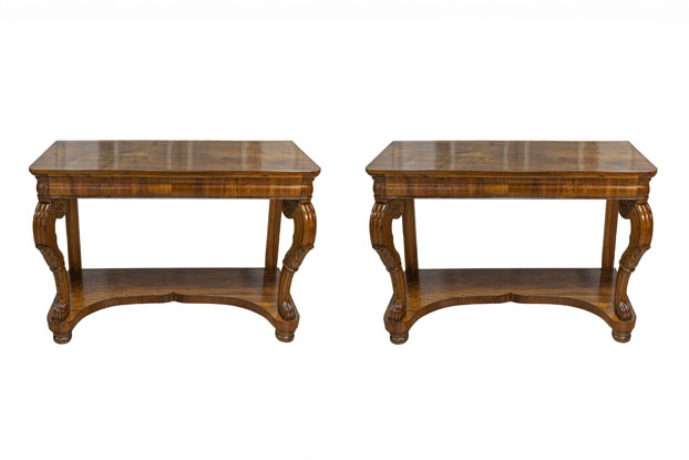 Pair of Italian Charles X 19th Century Walnut Consoles with Large Carved Volutes - LiL