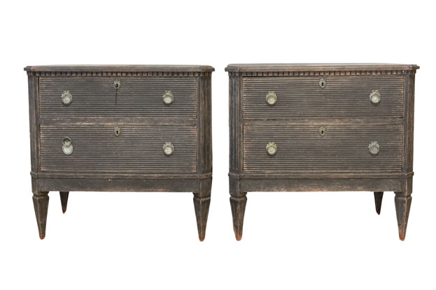 Pair of Swedish Gustavian Style 1870s Painted Chests with Two Fluted Drawers DLW