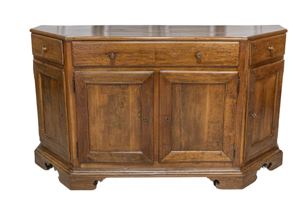 Italian 19th Century Walnut Credenza with Drawers over Doors and Canted Sides DLW