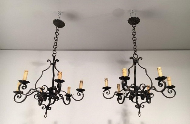 Arriving in Future Shipment - Pair of 20th Century French Wrought Iron Chandeliers
