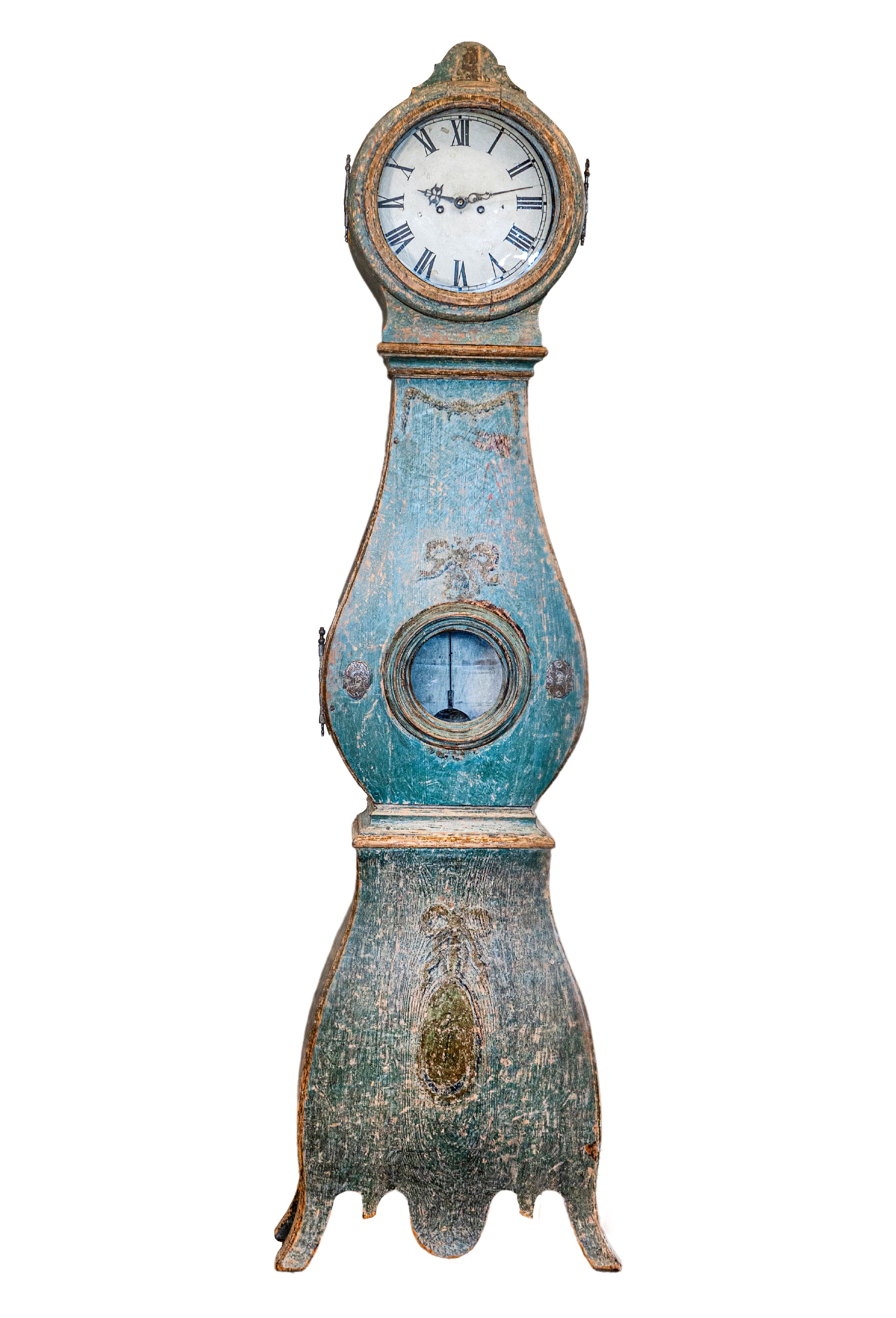 Swedish 1770s Rococo Period Mora Clock with Hand-Painted Swag and Ribbon Motifs