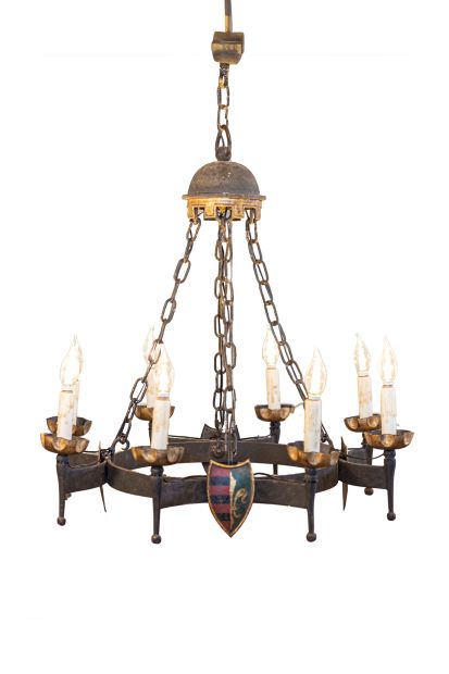 French Gothic Style Eight-Light Iron Chandelier with Hand-Painted Crests, Wired