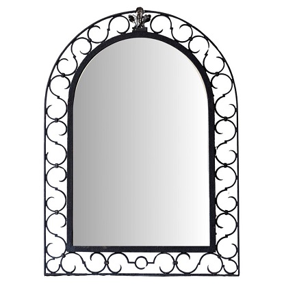 French Iron Arching Mirror with Openwork S-Scroll Motifs and Foliage Crest