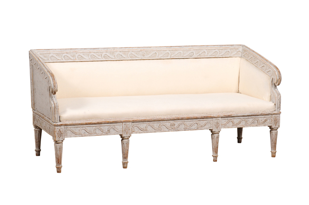 1780s Gustavian Period Swedish Sofa with Carved Vitruvian Scroll Inspired Frieze DLW