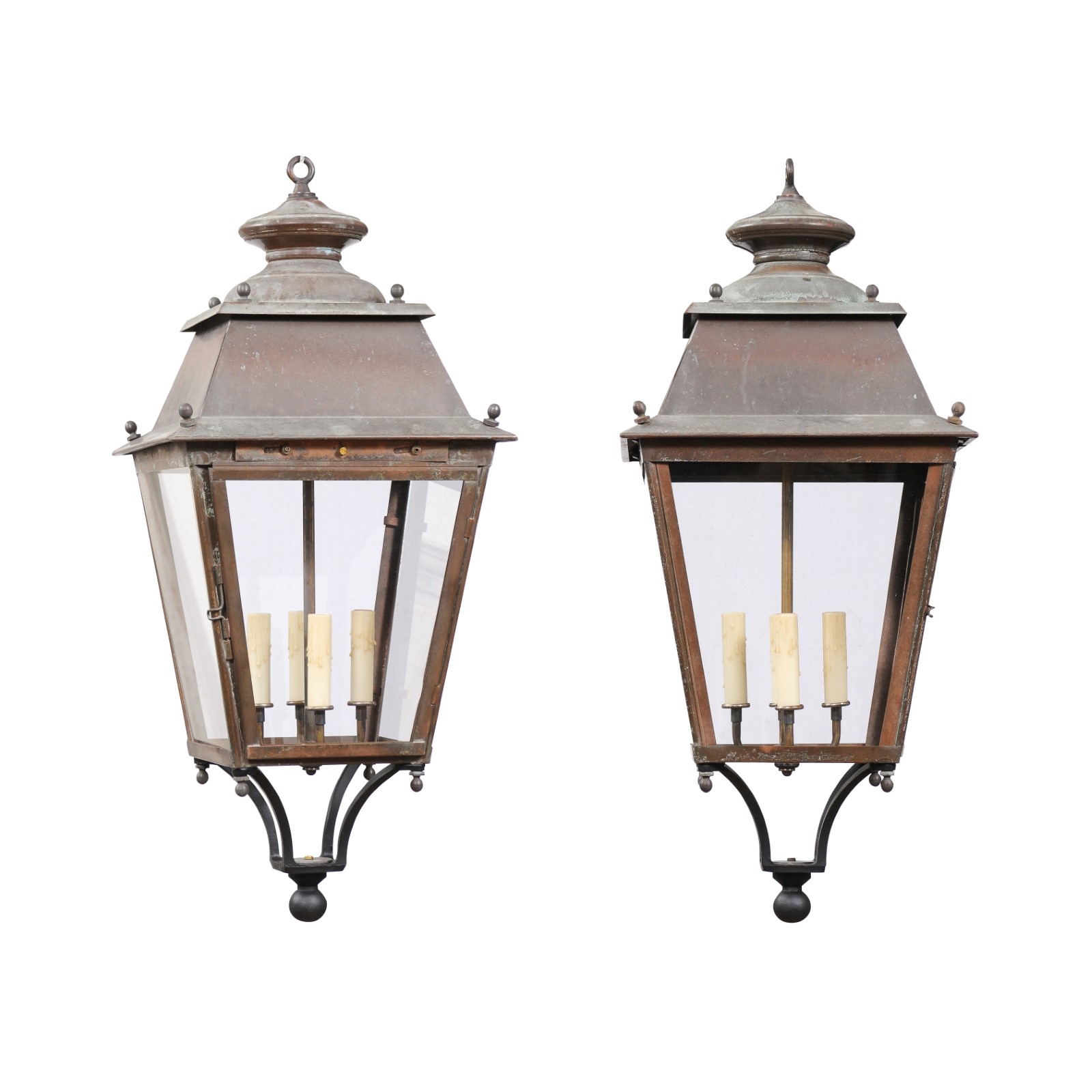 French Four-Light Glass and Copper Lanterns with Patina, US Wired and Sold Each