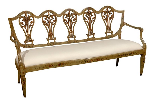 Venetian Late 18th Century Painted and Gilt Sofa with Floral and Lyre Motifs
