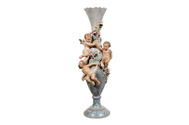 French 1870s Slender Majolica Vase with Floral Décor and High-Relief Cherubs