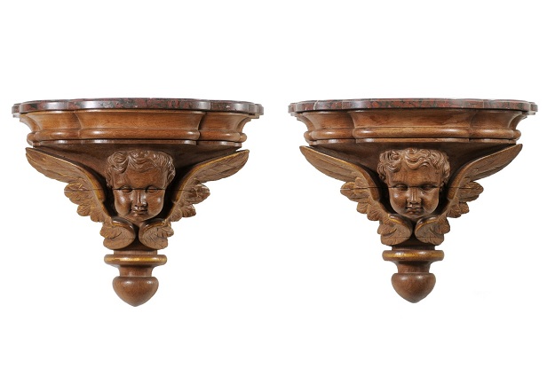 Pair of French 1880s Carved Walnut Brackets with Cherubs and Faux Marble Tops