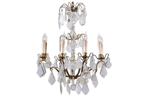 French 1860s Napoleon III Eight-Light Crystal Chandelier with Brass Accents