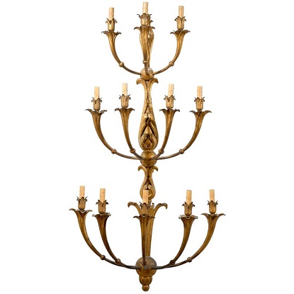 French 1820s Gilt Metal 12-Light Three-Tiered Sconce with Foliage Motifs
