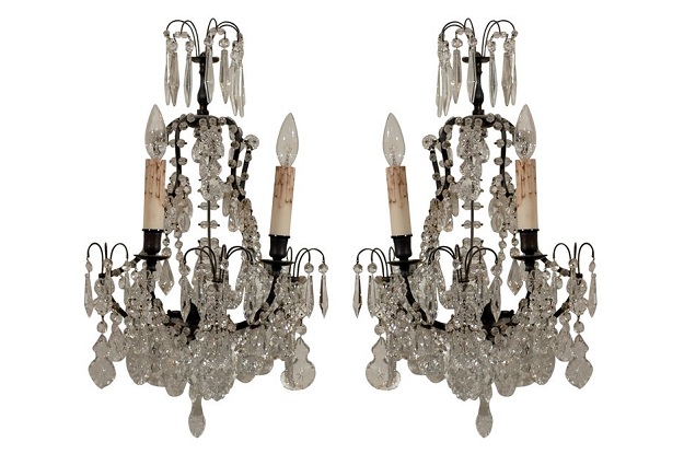 Pair of French 1890s Rococo Style Two-Light Crystal Sconces Wired for the US